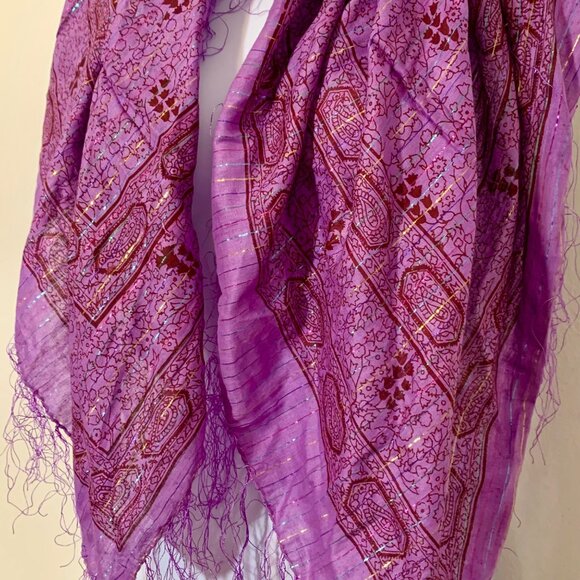 Purple Burgundy Square Scarf Floral Design Fringe & Metallic Rainbow Accents - Picture 3 of 6